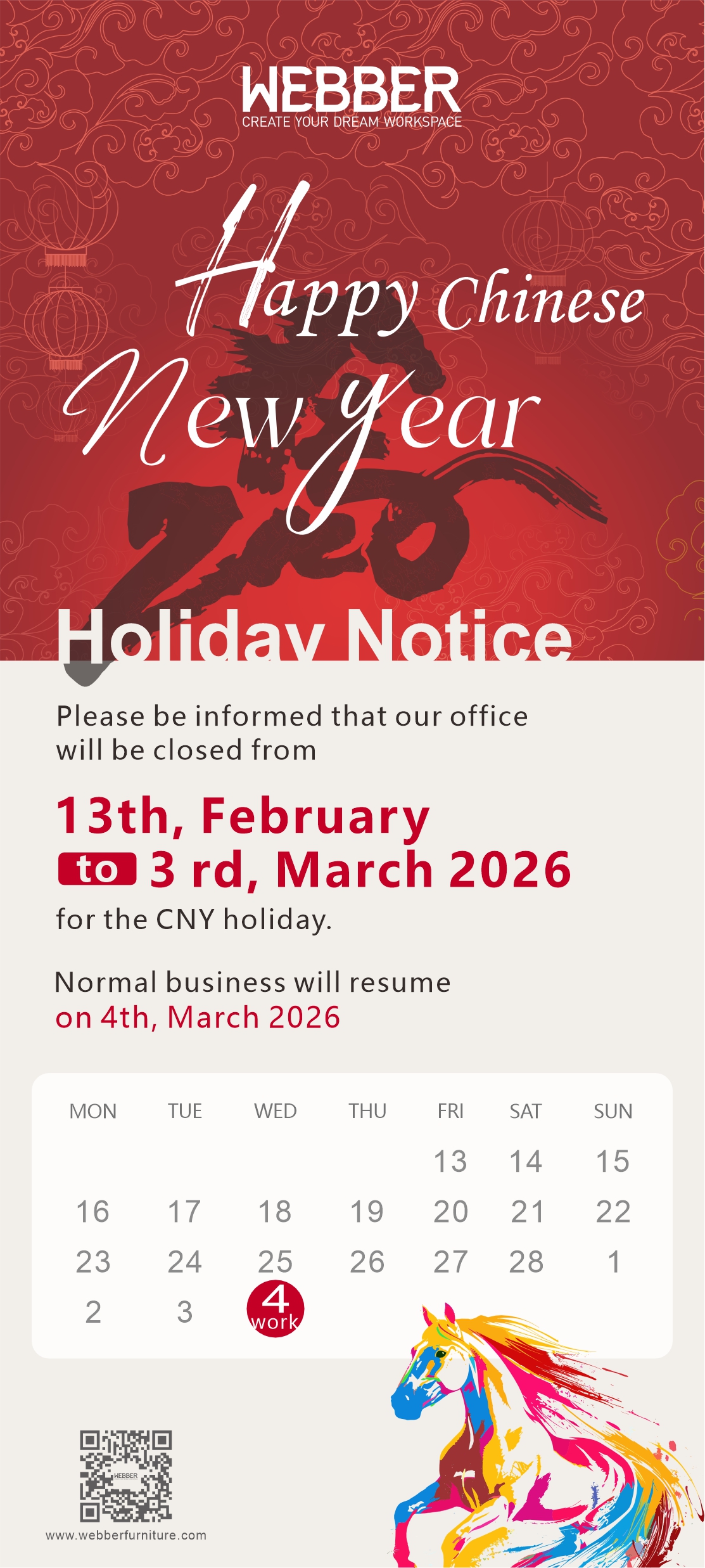 WEBBER Chinese New Year holiday notification 2026